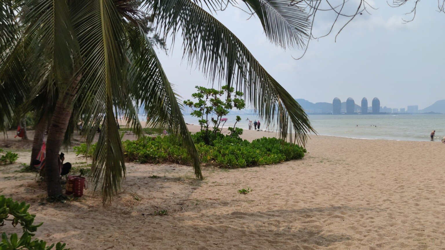 Sandy beach with coconut palms and a view of Sanya’s coastline